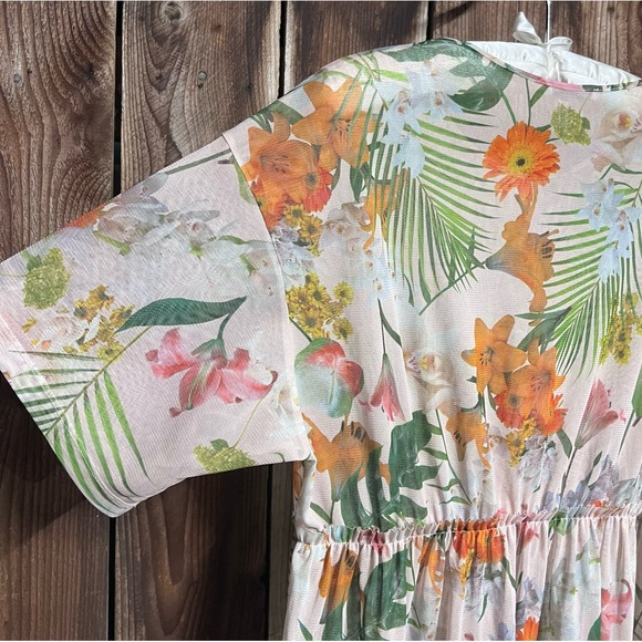 Zara Tropical Floral Bold Brat Sheer Tulle Mesh Short Sleeve Midi Dress Sz L - Picture 8 of 10